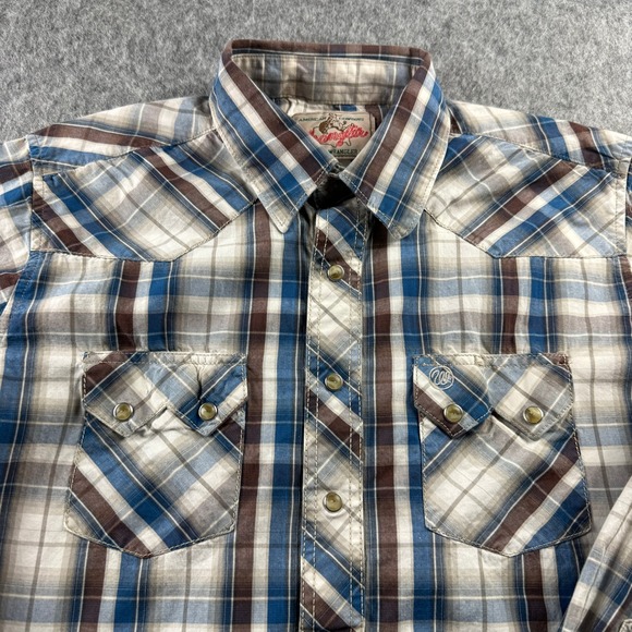 Wrangler Mens Western Blue Brown Plaid Pearl Snap Long Sleeve Shirt Medium - Picture 9 of 14